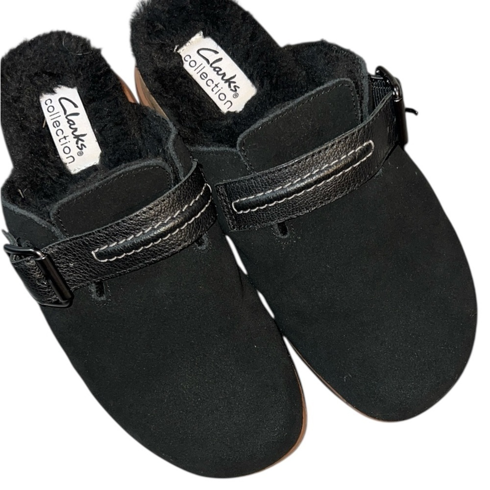 Clarks Brynn Slide Clog, Black Suede, US 6.5 Slip On